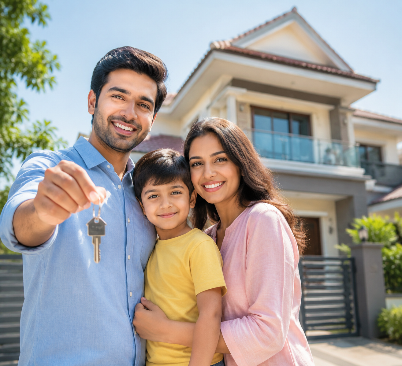 Indian family in front of new house